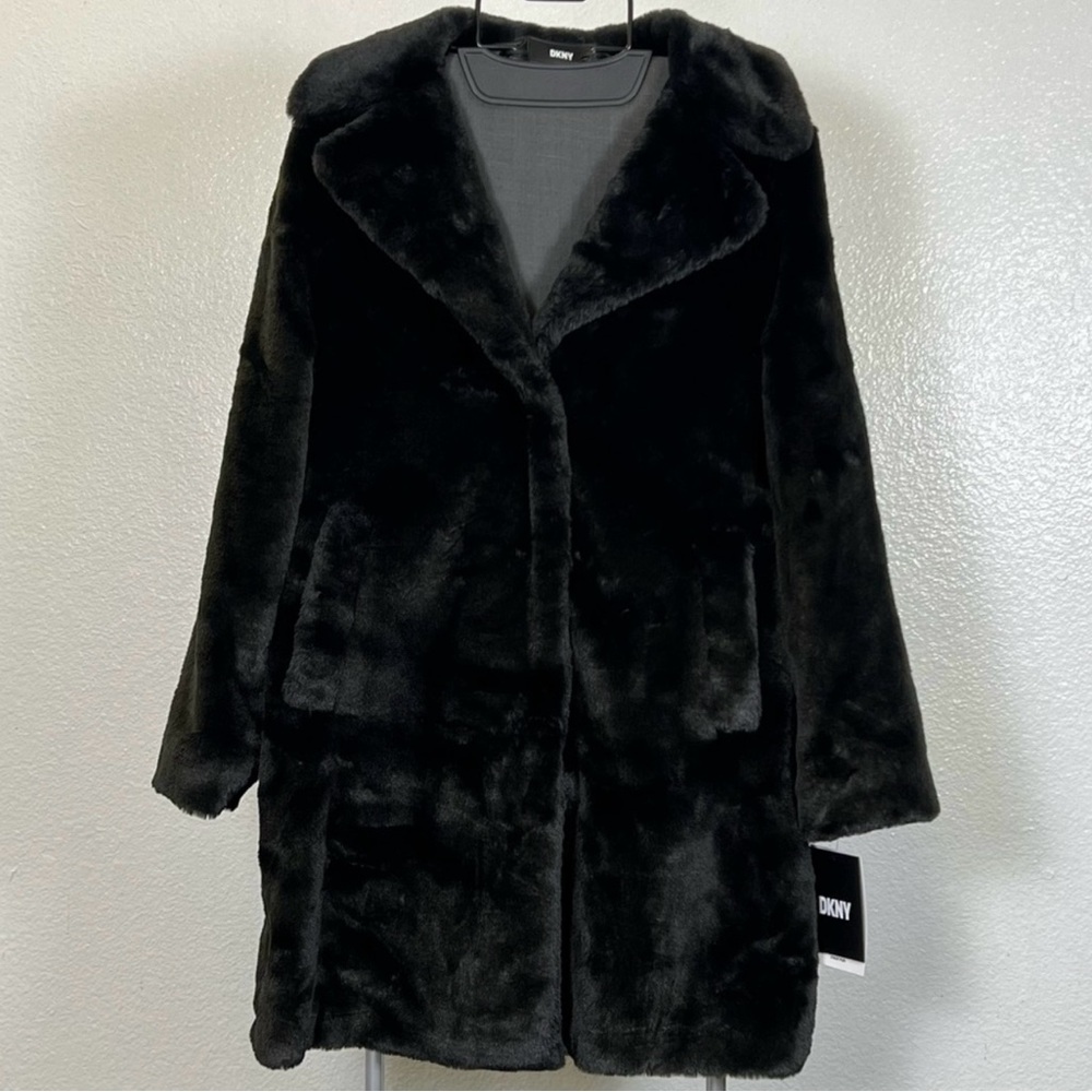 DKNY Women's Black Front‎ Button Down Faux Fur Jacket Coat